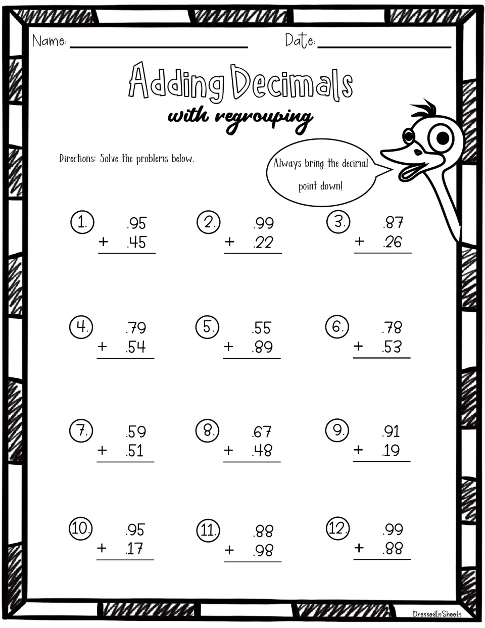 Adding hundredths with regrouping: students solve 12 numbered sums such as .95 + .45, .55 + .89 and .99 + .88