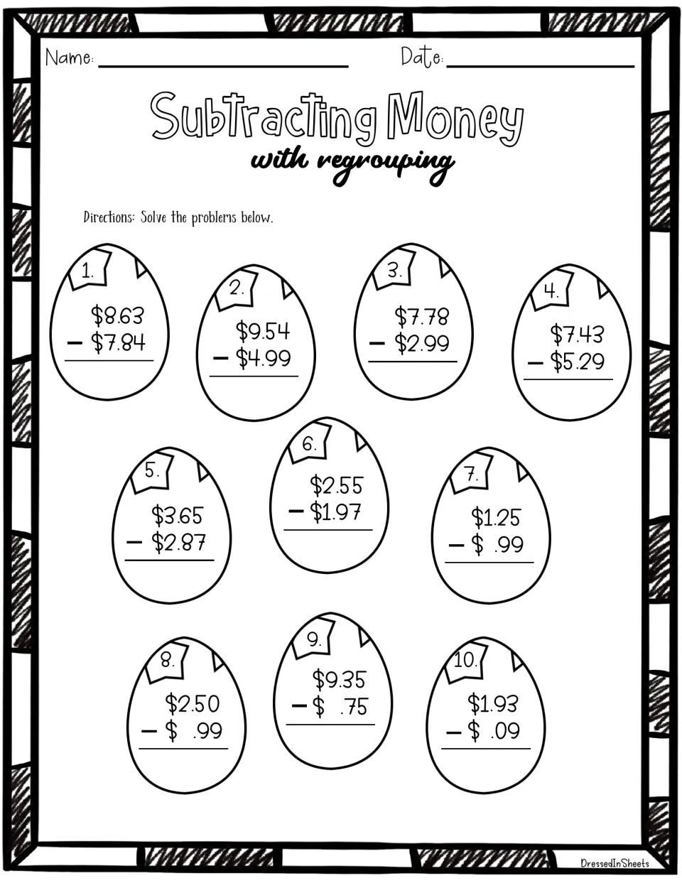 Subtracting Money with regrouping: students solve 10 dollar-and-cent problems like $8.63 - $7.84 written on cracked eggs