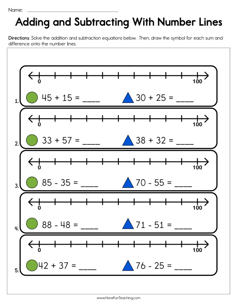 Two-digit addition and subtraction: students solve 10 equations to 100, then mark each sum or difference on a number line