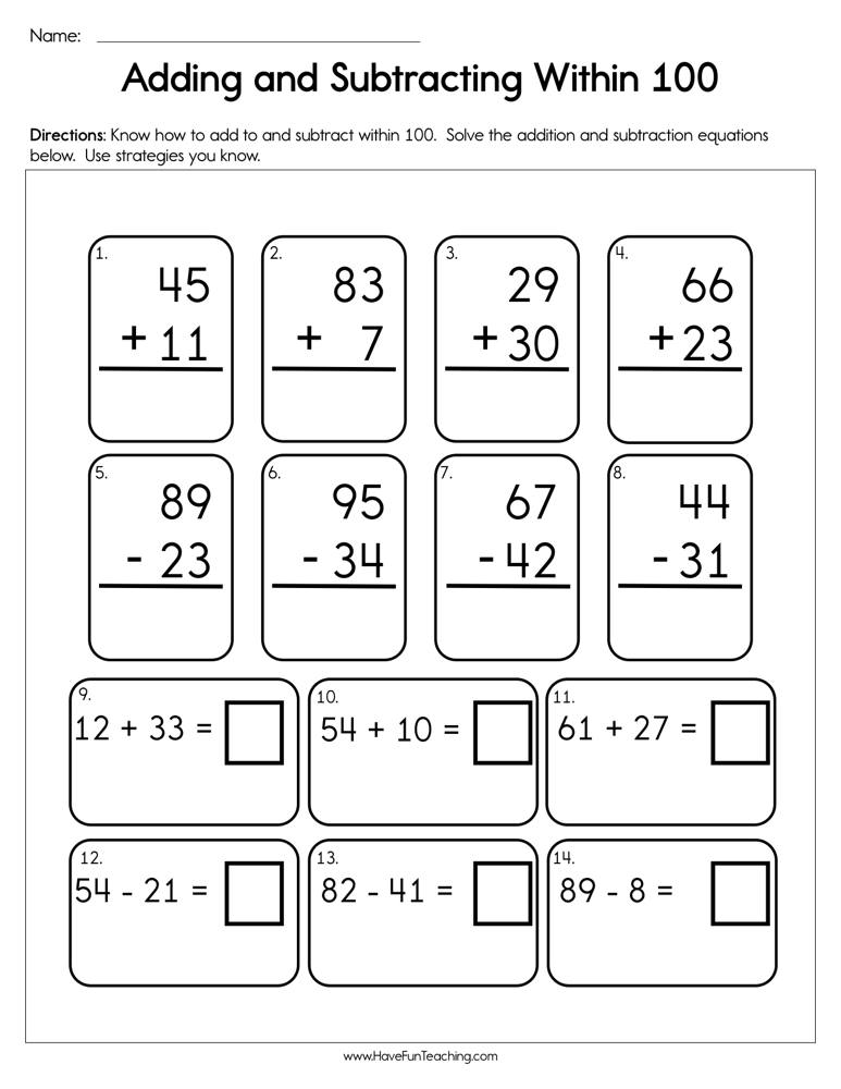 Adding and Subtracting Within 100 Worksheet by Teach Simple