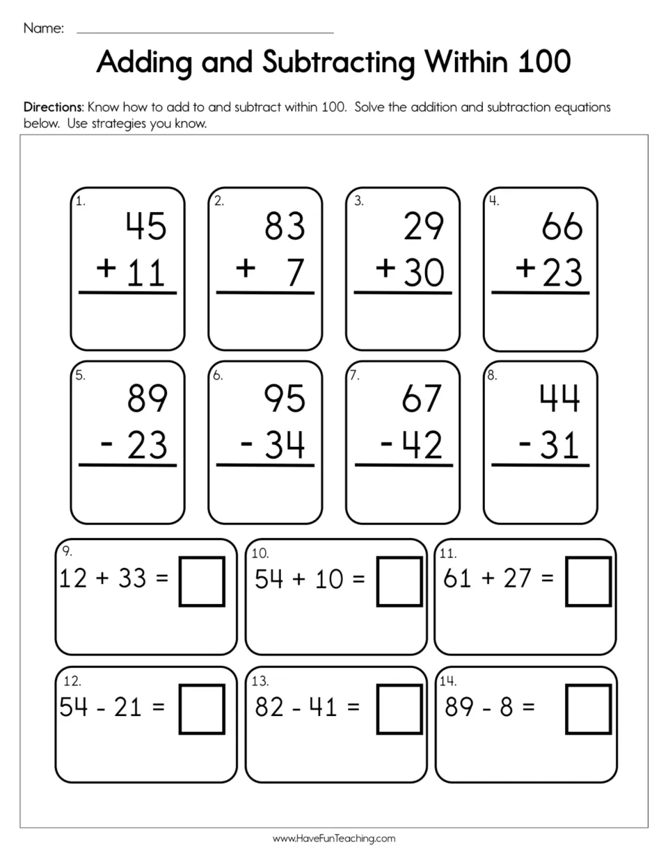Adding and Subtracting Within 100: students solve 14 two-digit problems, 8 in vertical form and 6 as equations