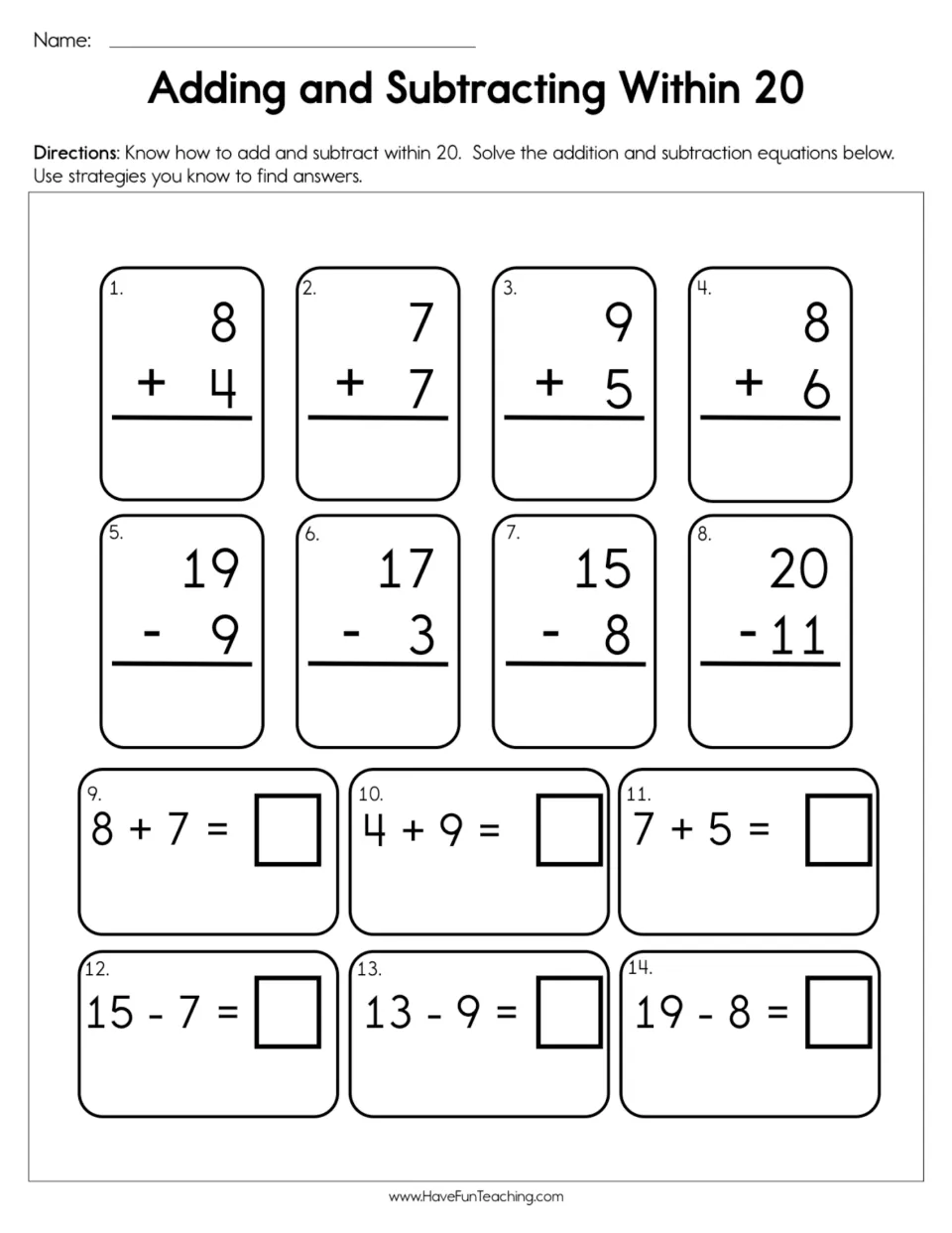 Mixed addition and subtraction within 20: students solve 8 vertical problems and 6 equations such as 8 + 4 and 20 - 11
