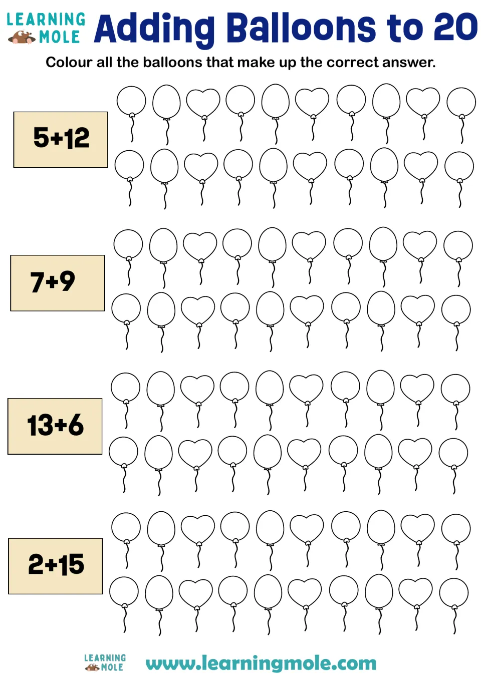 Addition within 20: students solve 5+12, 7+9, 13+6 and 2+15, then colour that many balloons beside each sum