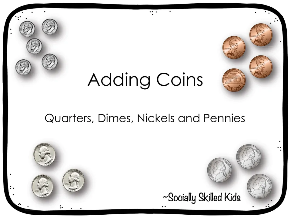 Adding Coins cover: quarters, dimes, nickels and pennies pictured around the title, by Socially Skilled Kids