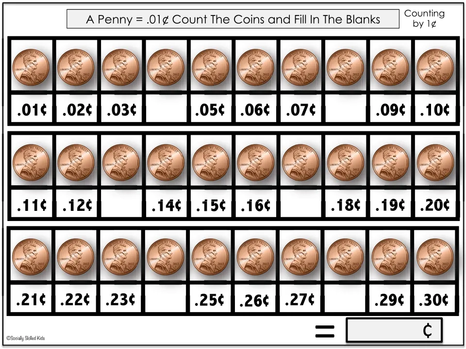 Counting pennies by 1¢ fill-in: 30 pennies with six amounts missing, such as .04¢ and .08¢; students fill gaps and total