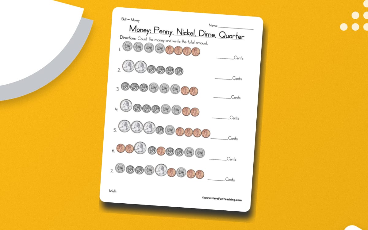 Adding Coins worksheet showing rows of pennies, nickels, dimes, and quarters with blank cent totals.