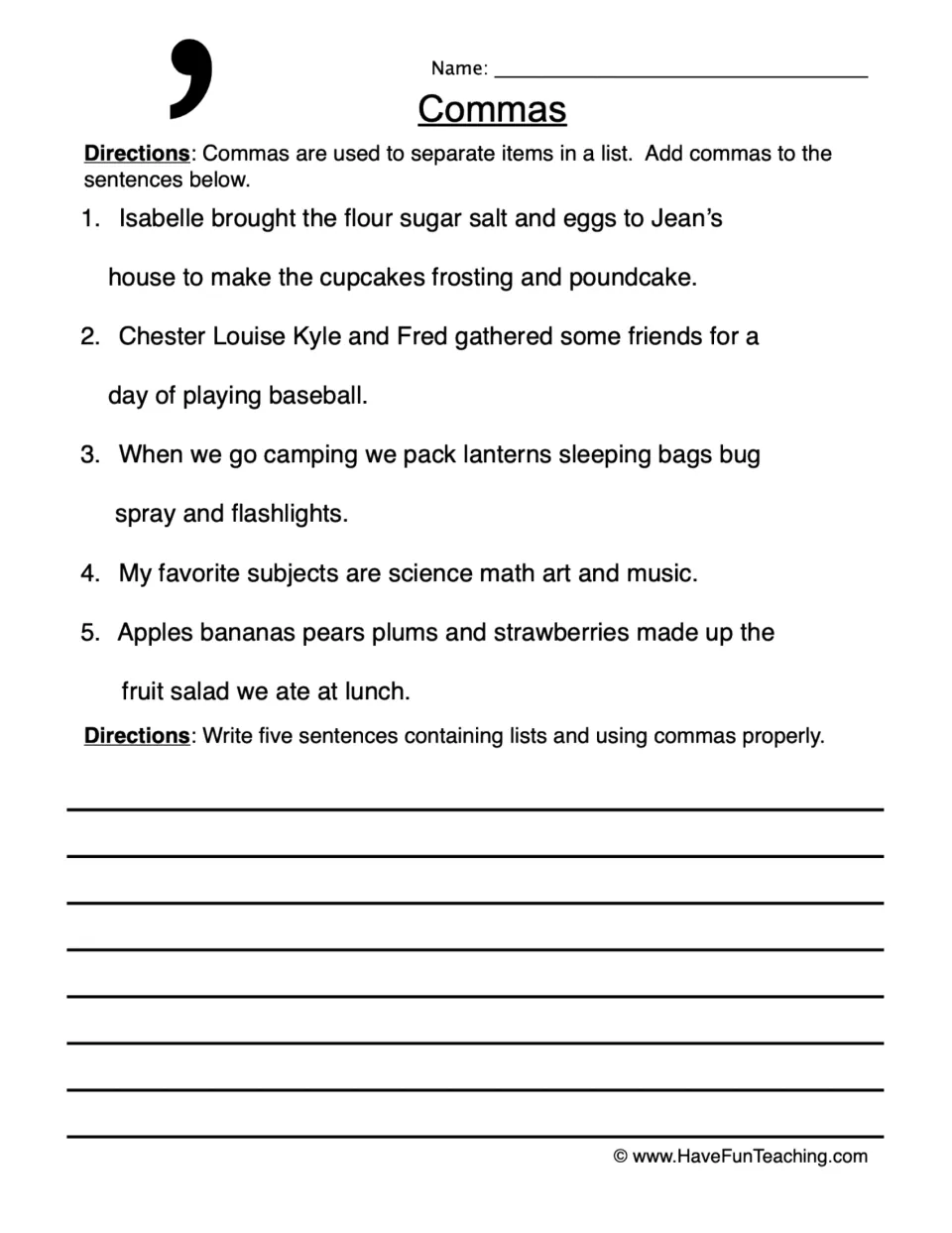 Commas in a list: students add commas to 5 sentences listing items, then write 5 sentences of their own with lists