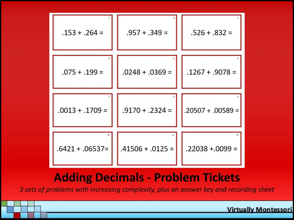 Adding Decimals - Problem Tickets cover: sample decimal addition tickets, 3 problem sets, answer key and recording sheet