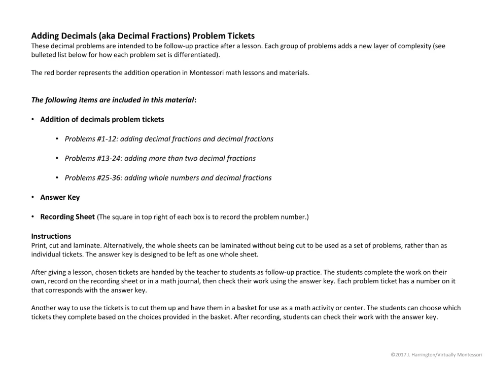 Teacher notes on decimal addition tickets: what problems #1-36 cover, plus print, cut, laminate and center use steps