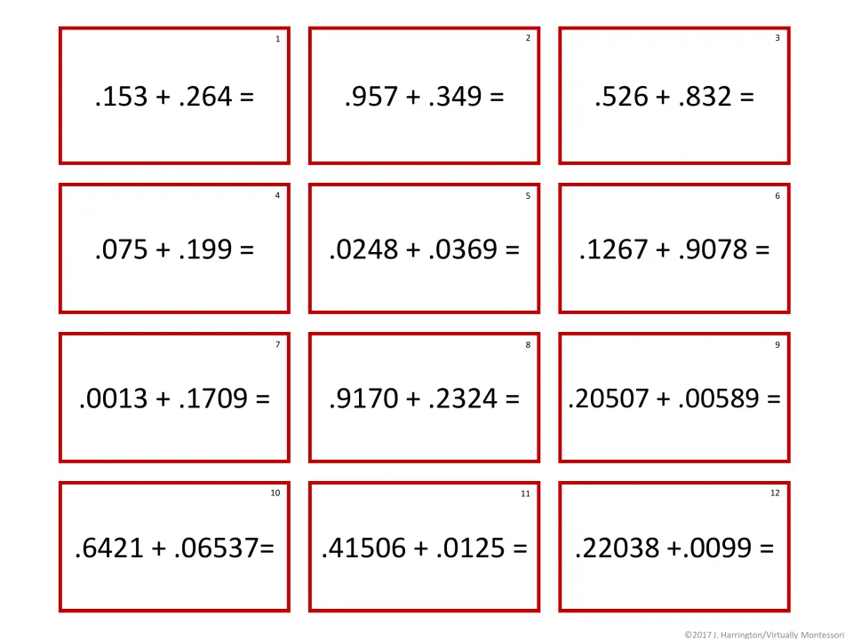 Adding decimal fractions: tickets 1-12 ask students to add two decimals with 3 to 5 places, such as .20507 + .00589