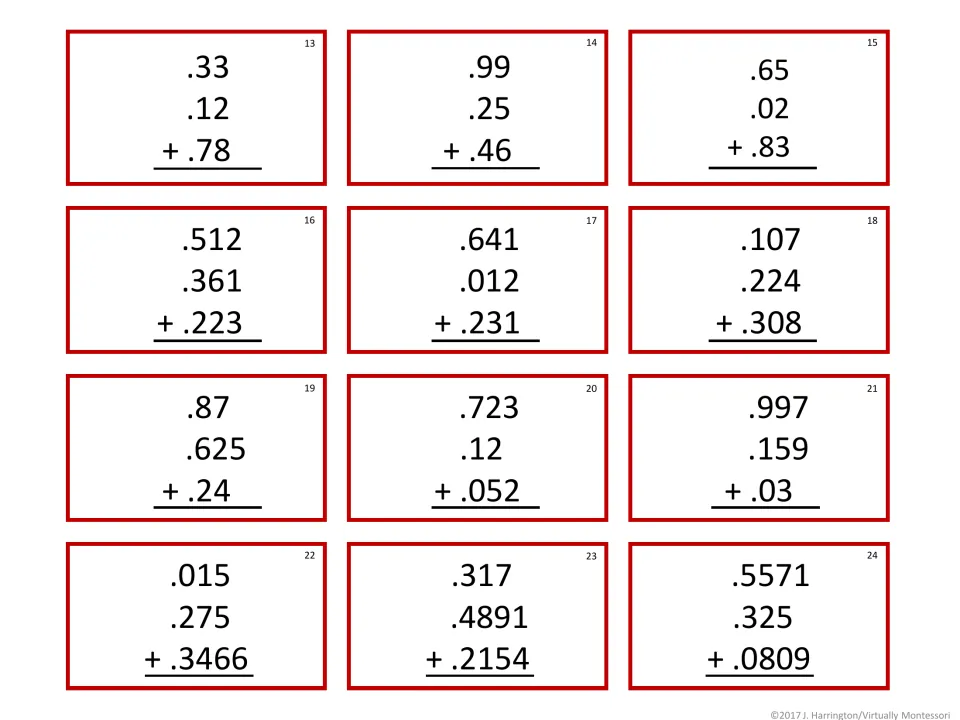 Adding three decimals: students solve tickets 13-24, stacked sums such as .33 + .12 + .78 and .5571 + .325 + .0809
