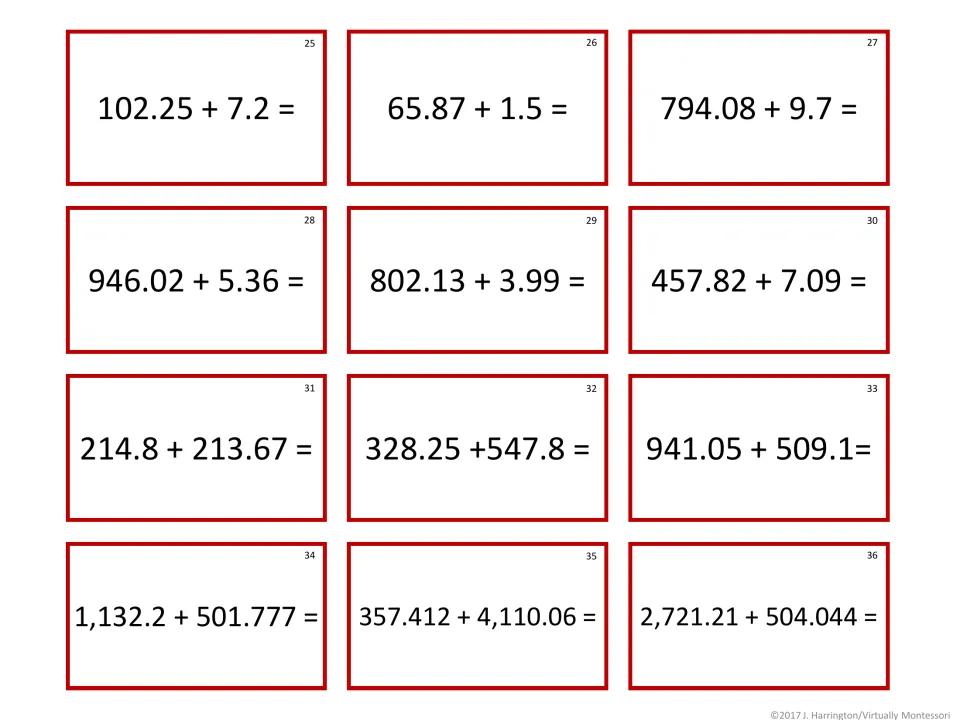 Adding whole numbers and decimals: students align and solve tickets 25-36, from 102.25 + 7.2 to 2,721.21 + 504.044