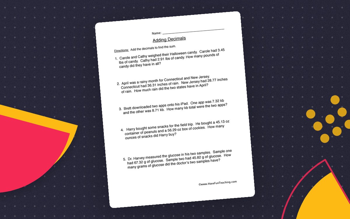 Adding Decimals Word Problems – Practice Worksheet teaching resource preview