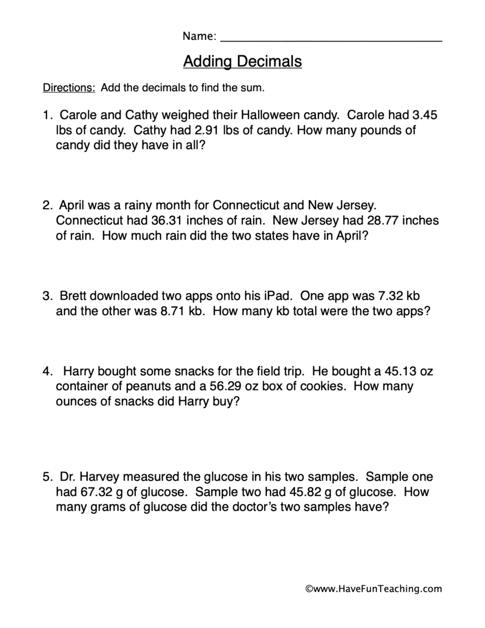 Adding decimals word problems: students add two decimals in 5 problems on candy, rainfall, app sizes, snacks and glucose