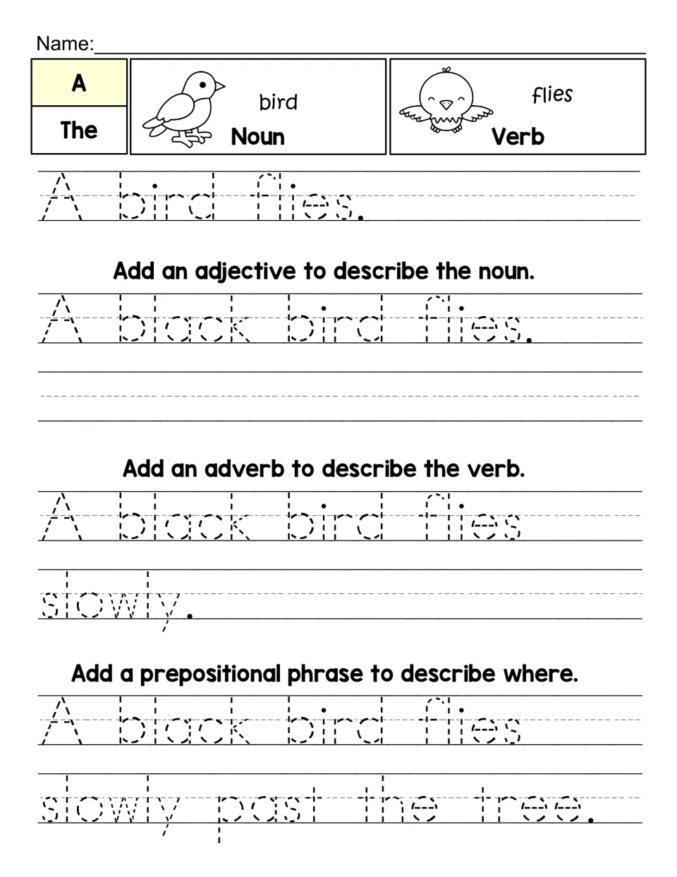 Expanding a sentence: students trace A bird flies, then add the adjective black, the adverb slowly and past the tree