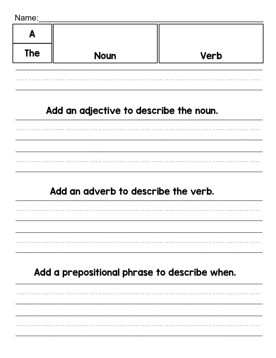 Blank sentence builder: pick A or The, a noun and verb, then add an adjective, adverb and a prepositional phrase for when