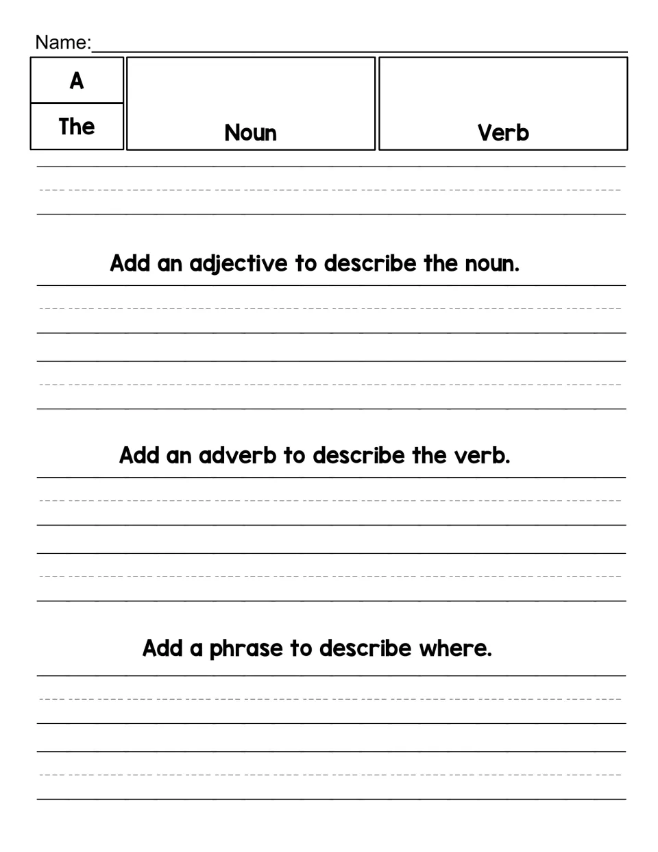 Open sentence expanding page: students choose a noun and verb, then add an adjective, an adverb and any phrase telling where