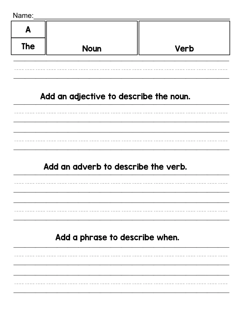 Open sentence expanding page: students choose a noun and verb, then add an adjective, an adverb and any phrase telling when