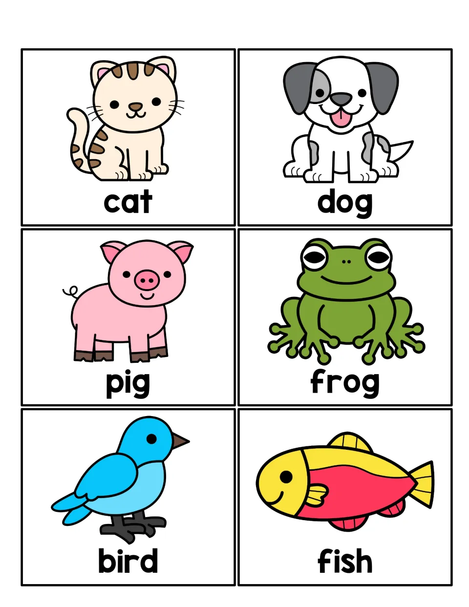 Noun picture cards: cat, dog, pig, frog, bird and fish, each illustrated and labeled for choosing the subject of a sentence