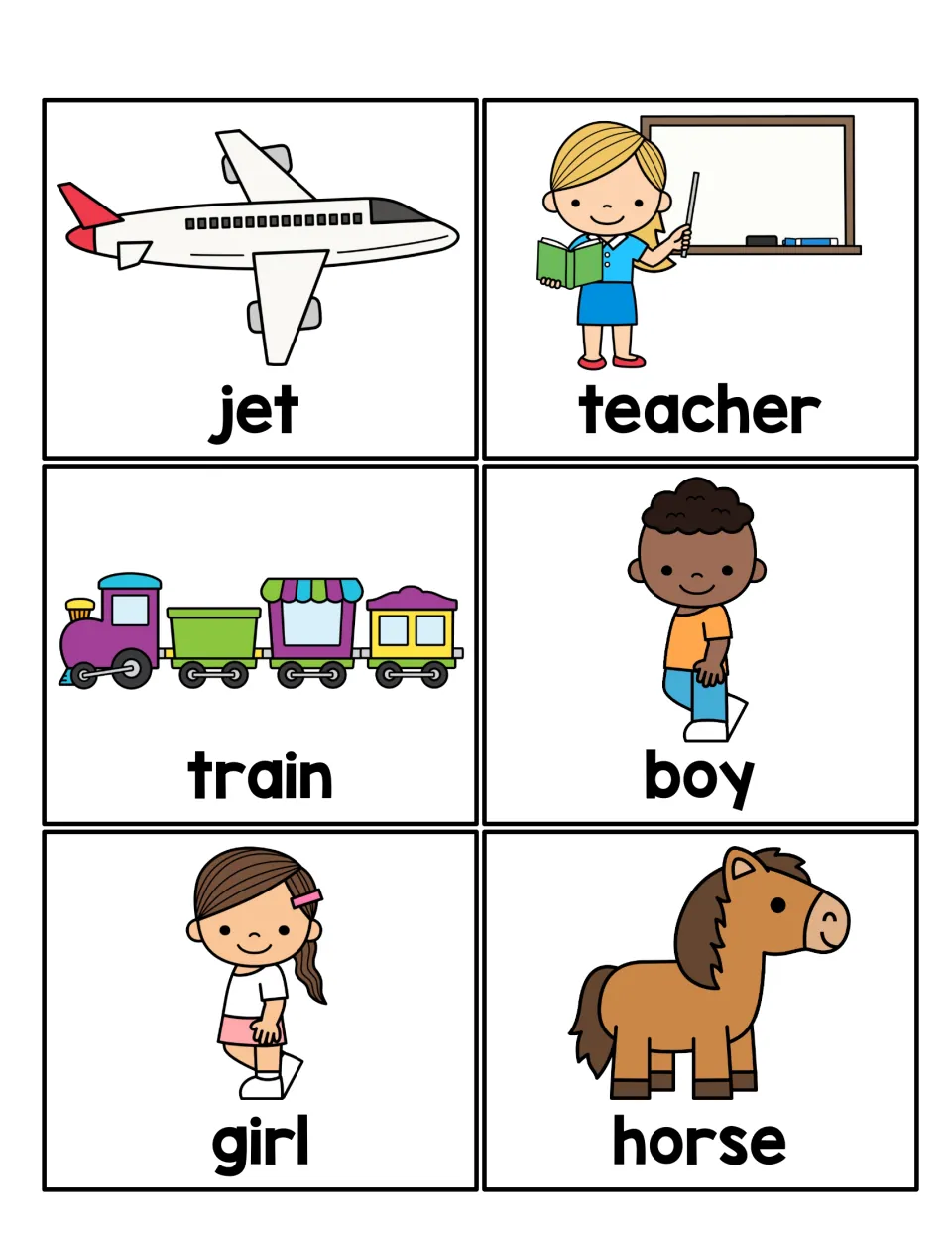 Noun picture cards: jet, teacher, train, boy, girl and horse, each illustrated and labeled for picking a noun to write about