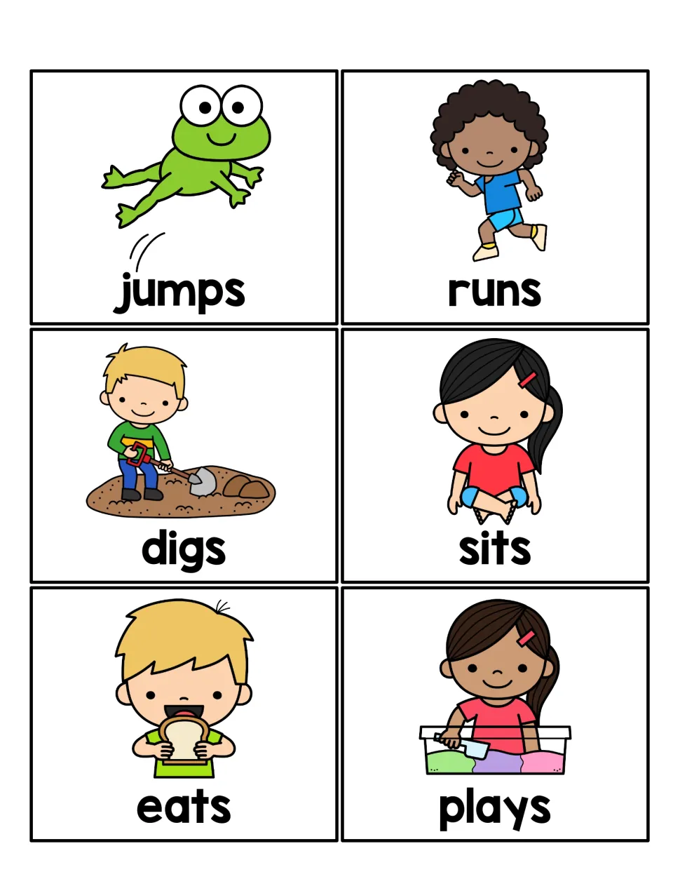Verb picture cards: jumps, runs, digs, sits, eats and plays, each showing the action for students to choose a sentence verb
