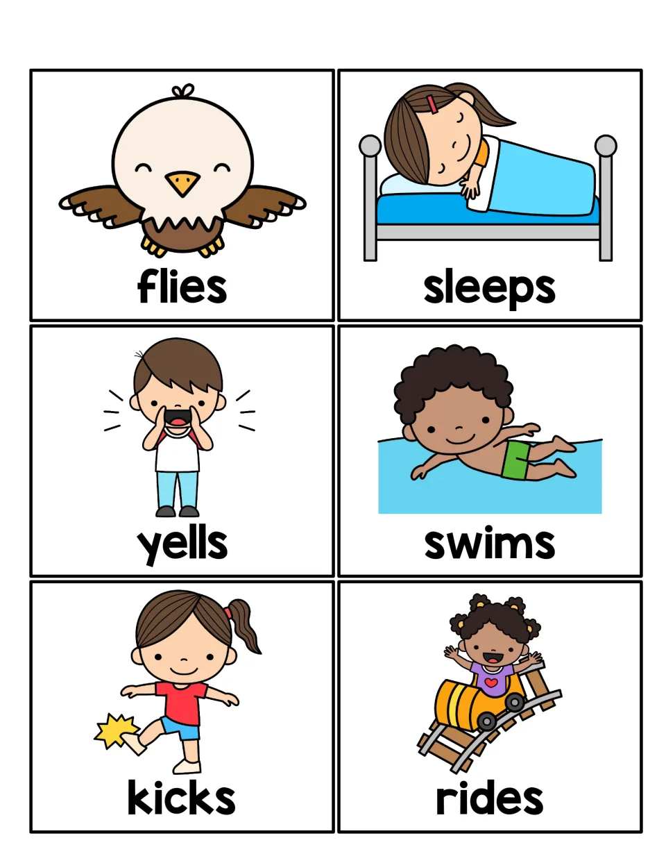Verb picture cards: flies, sleeps, yells, swims, kicks and rides, each picturing the action so students can pick a verb