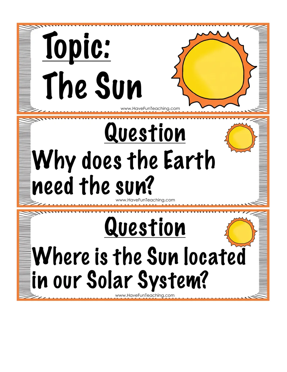 Sun topic card with two question cards: why does Earth need the sun, and where is the Sun located in our solar system