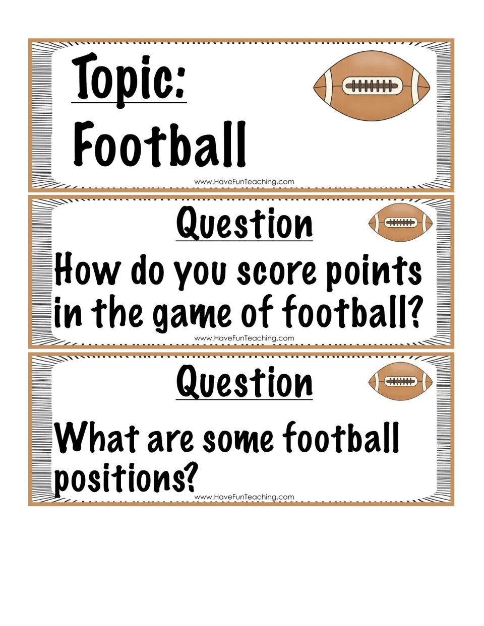 Football topic card with two question cards asking how points are scored and what some of the positions are