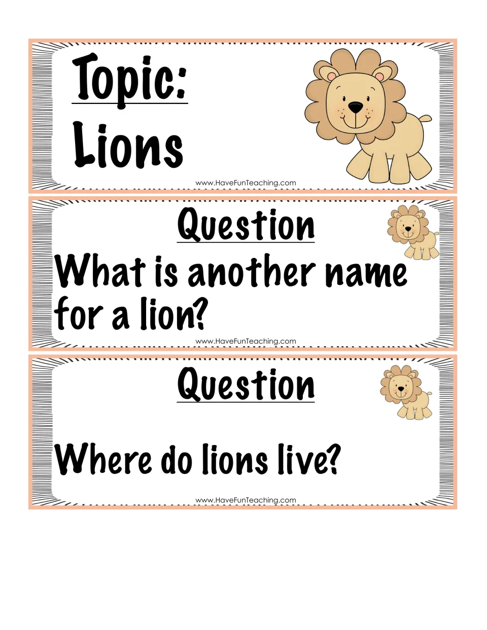 Lions topic card with two question cards asking for another name for a lion and where lions live, to prompt story details