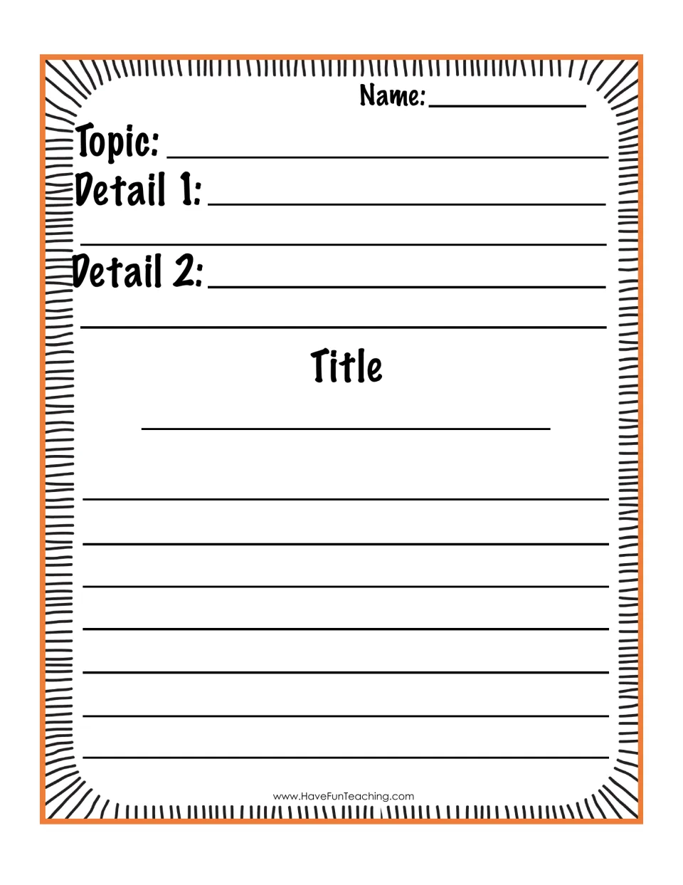 Graphic organizer: students write a topic, Detail 1 and Detail 2 from the question cards, then a title and their story