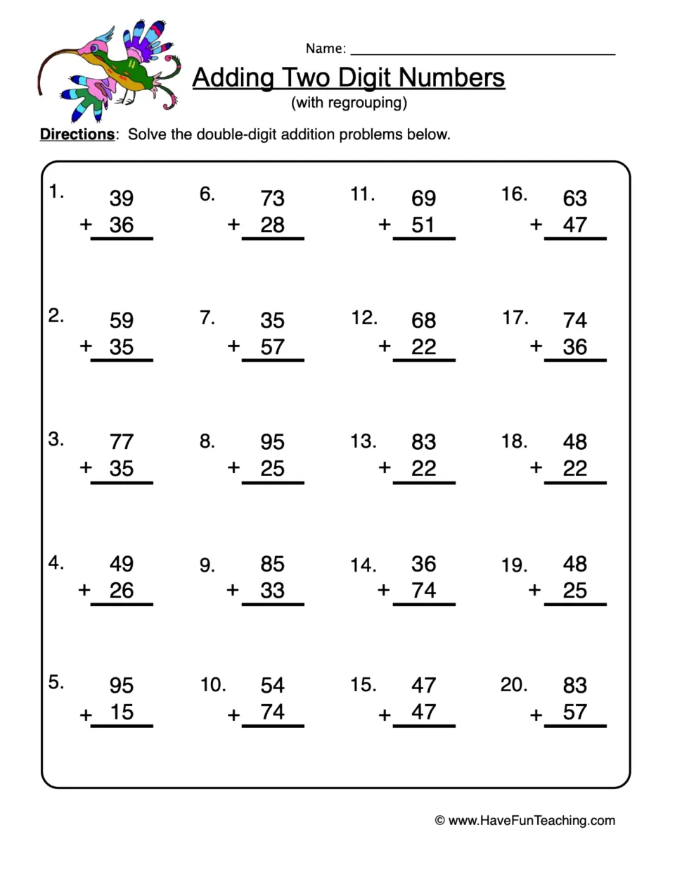 Addition practice worksheet: 20 two-digit problems with regrouping, including 39 + 36 and 59 + 35.