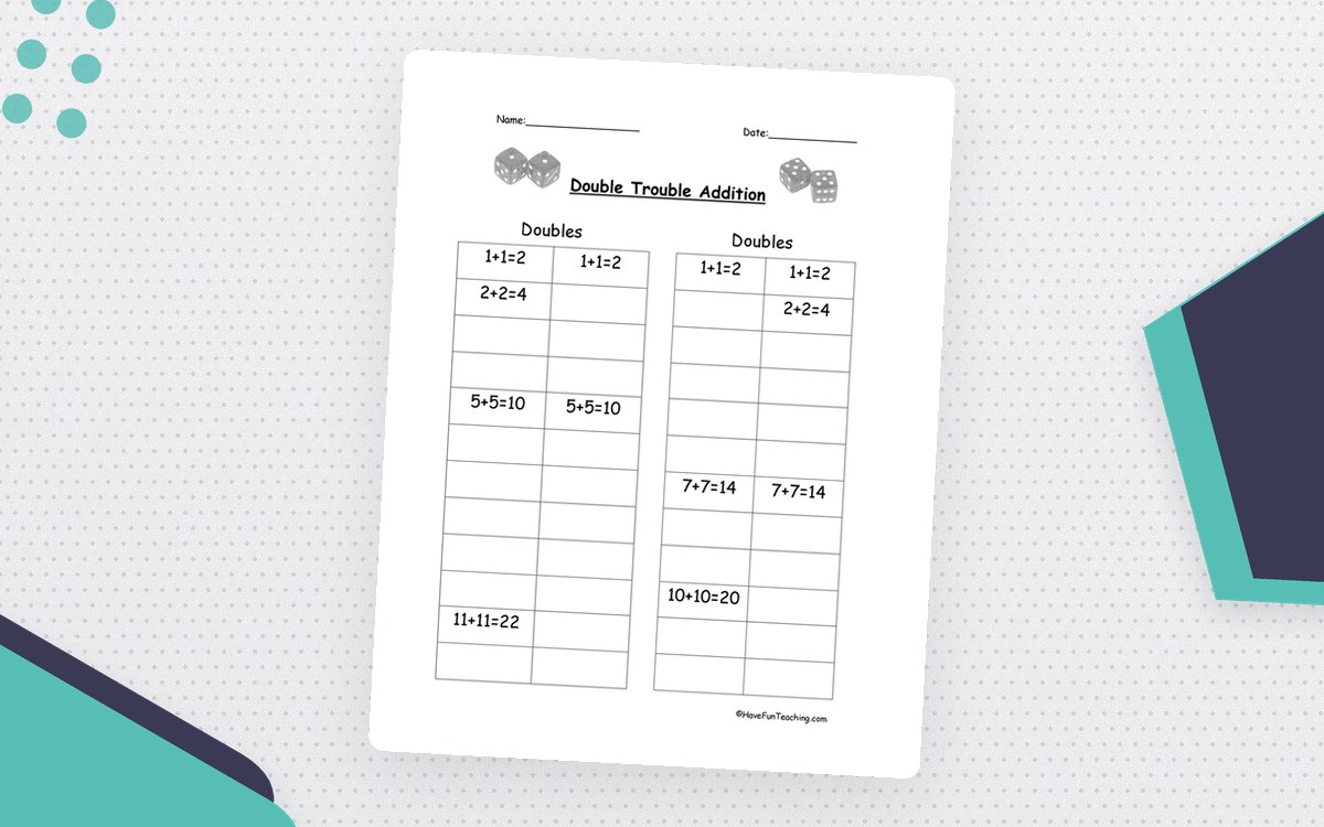 Adding Doubles Worksheet preview: Single-page Double Trouble Addition practice
