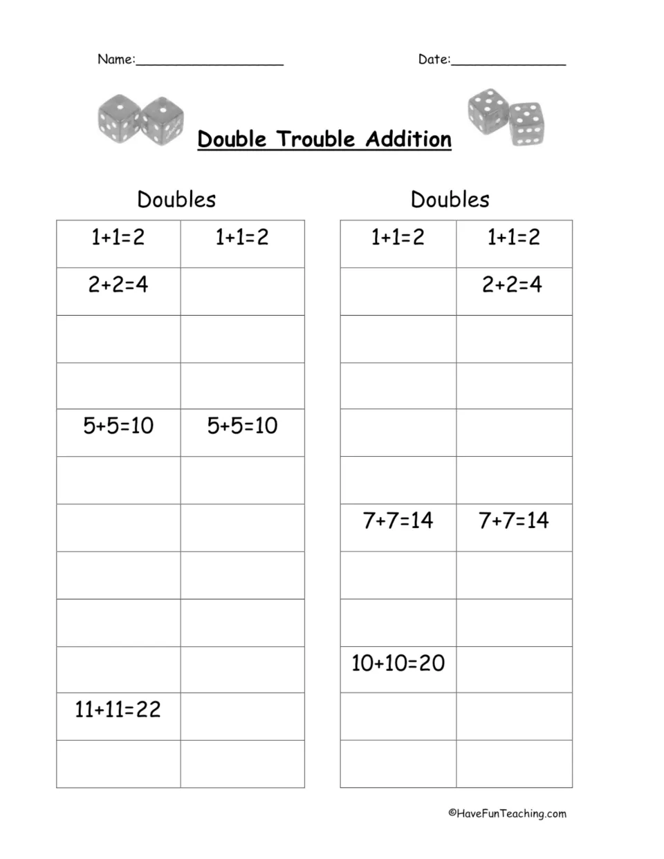 Double Trouble Addition: students write missing doubles facts in two Doubles charts, using 5+5=10 and 11+11=22 as anchors