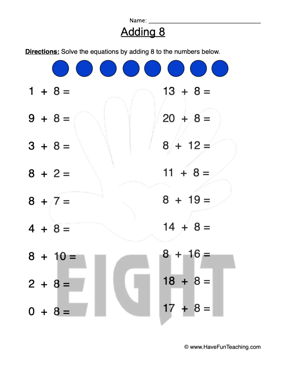 Addition practice sheet with 18 equations involving 8, including 1 + 8, 20 + 8, 8 + 12, and 8 + 19.
