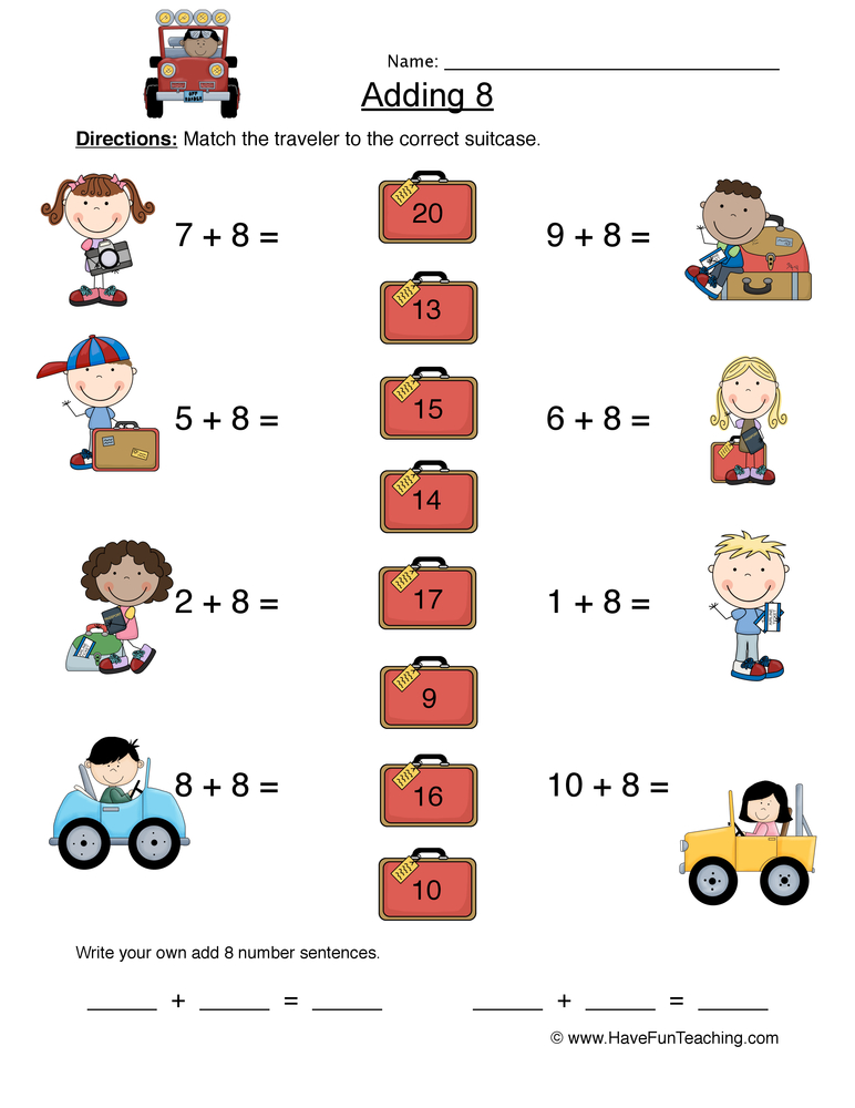 Adding Eight Matching Worksheet by Teach Simple
