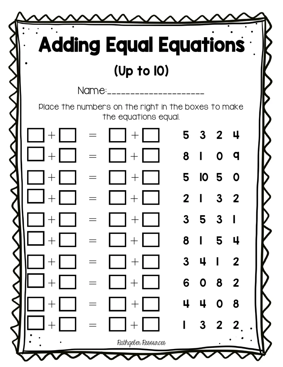 Equal equations up to 10: students place four given numbers in each of 10 rows so both sums match, like 5, 3, 2, 4