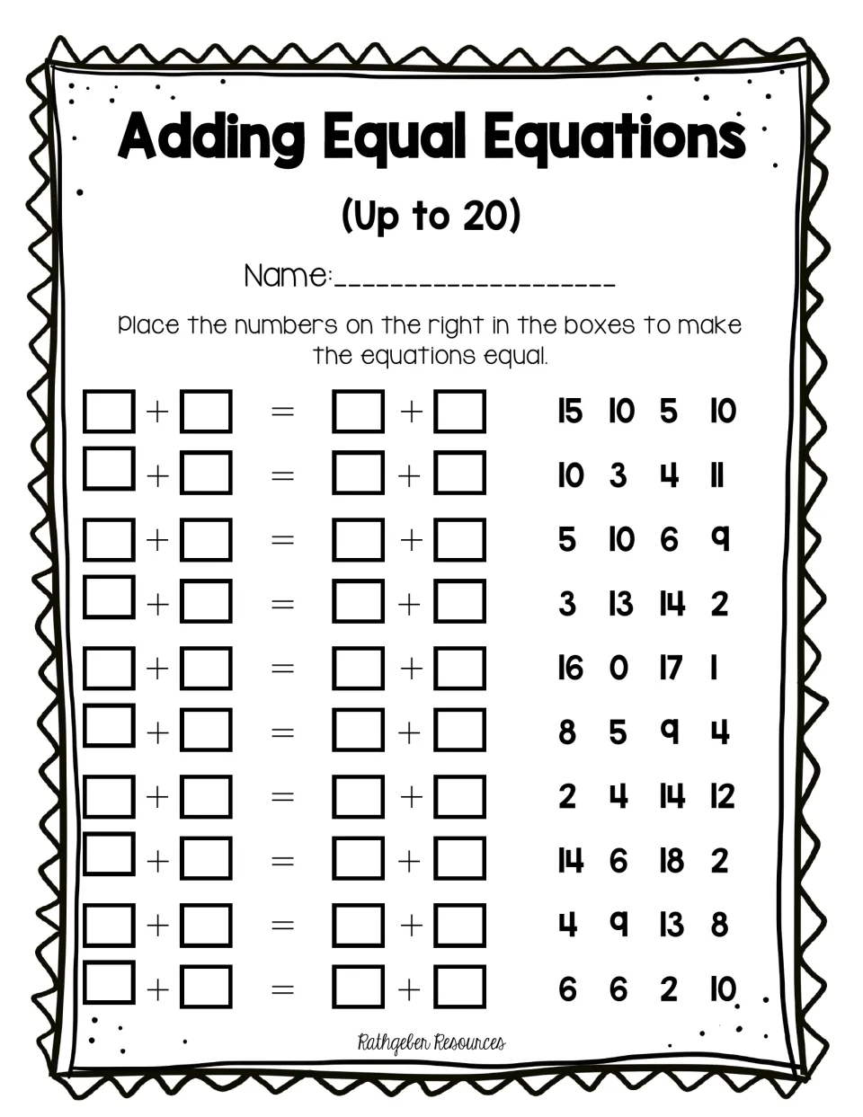 Equal equations up to 20: students arrange four numbers per row, such as 15, 10, 5, 10, so both sides have the same sum