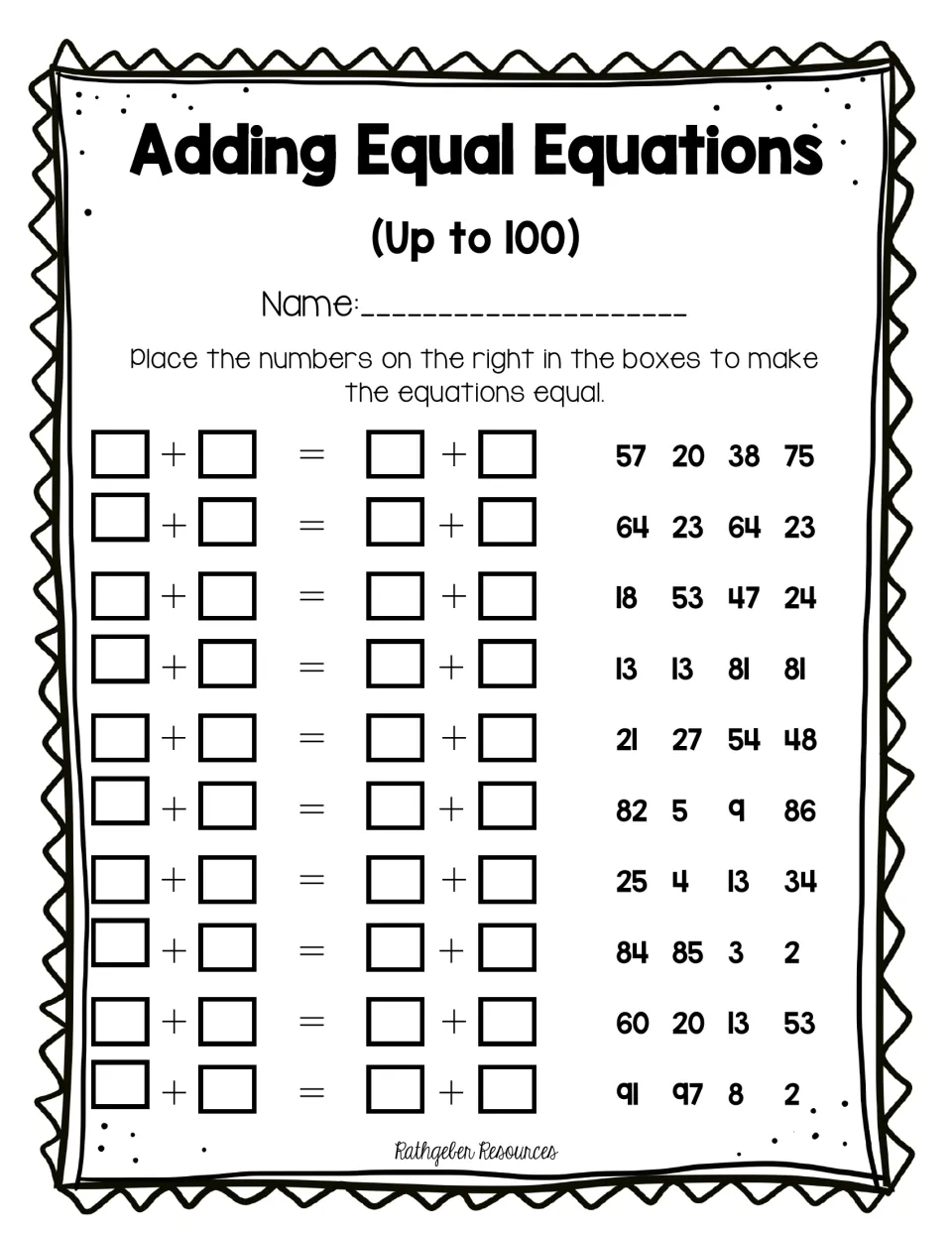 Balancing two-digit addition up to 100: students sort numbers like 57, 20, 38, 75 into 10 equations with equal sums
