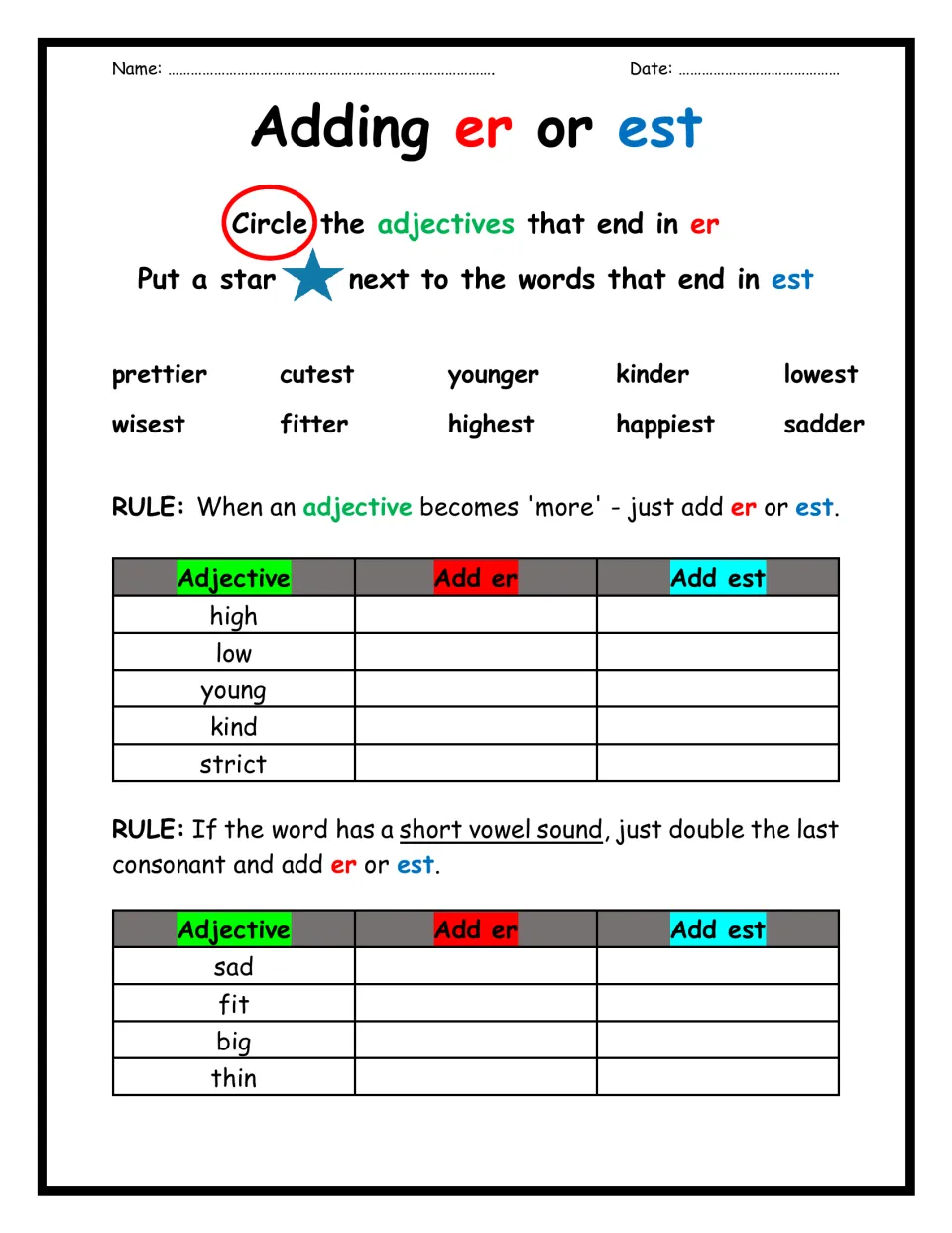 Comparing adjectives: students circle -er words, star -est words, then add er/est to words like high and sad