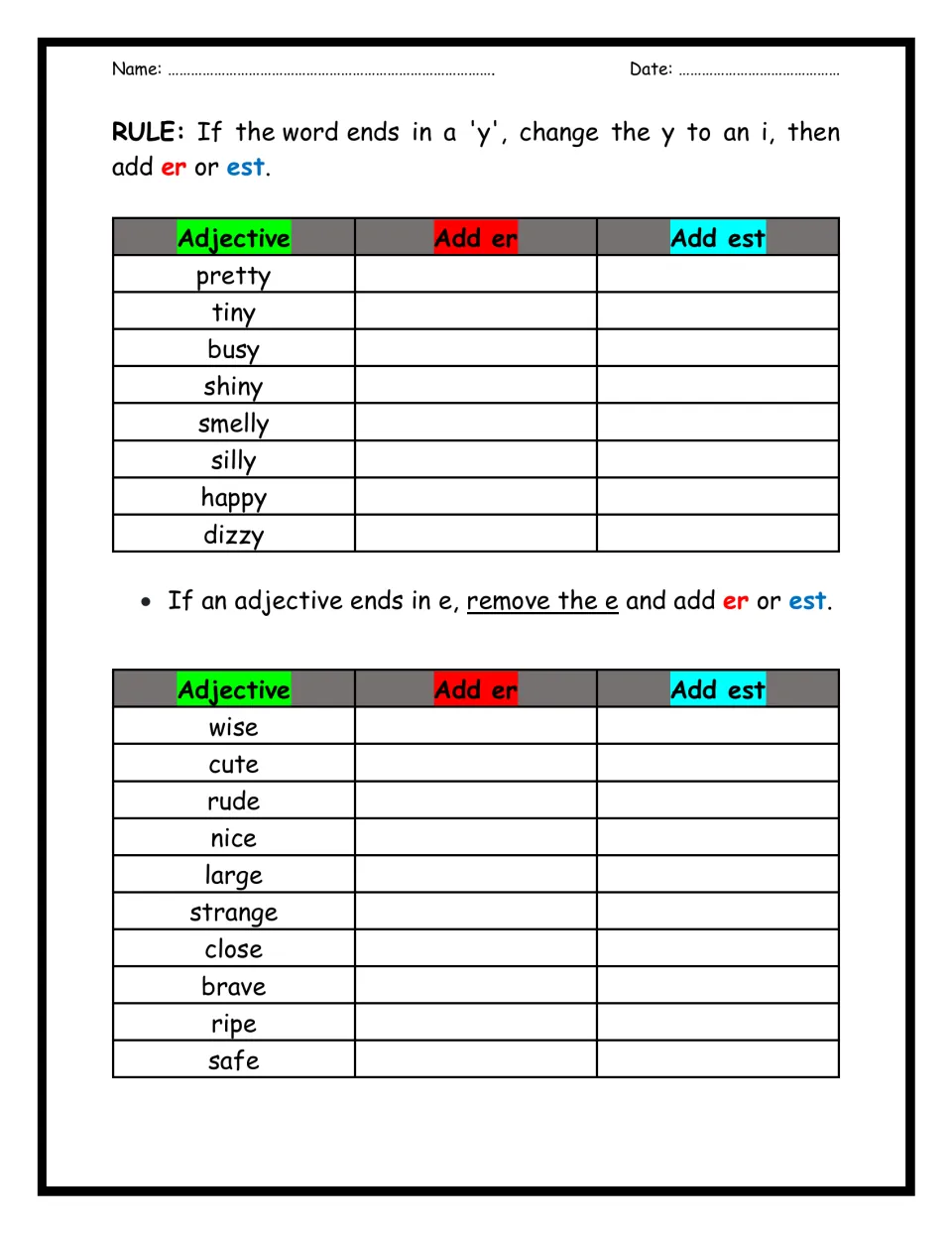 Spelling rules for -er and -est: students change y to i (pretty, tiny) and drop the e (wise, cute) before adding endings