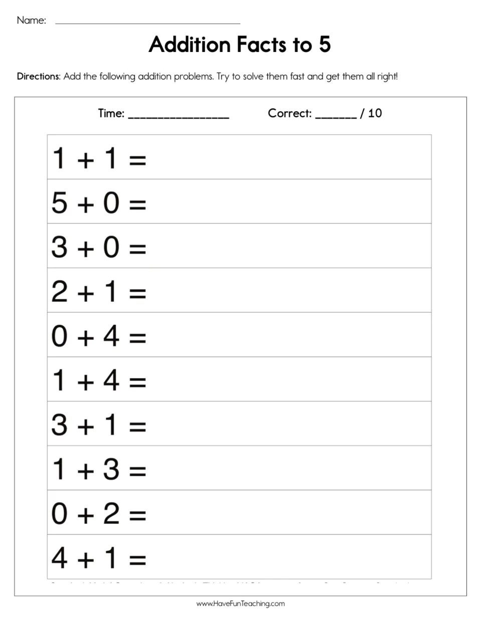 Addition facts to 5: students solve 10 timed sums such as 1 + 1 and 4 + 1, then record their time and score out of 10