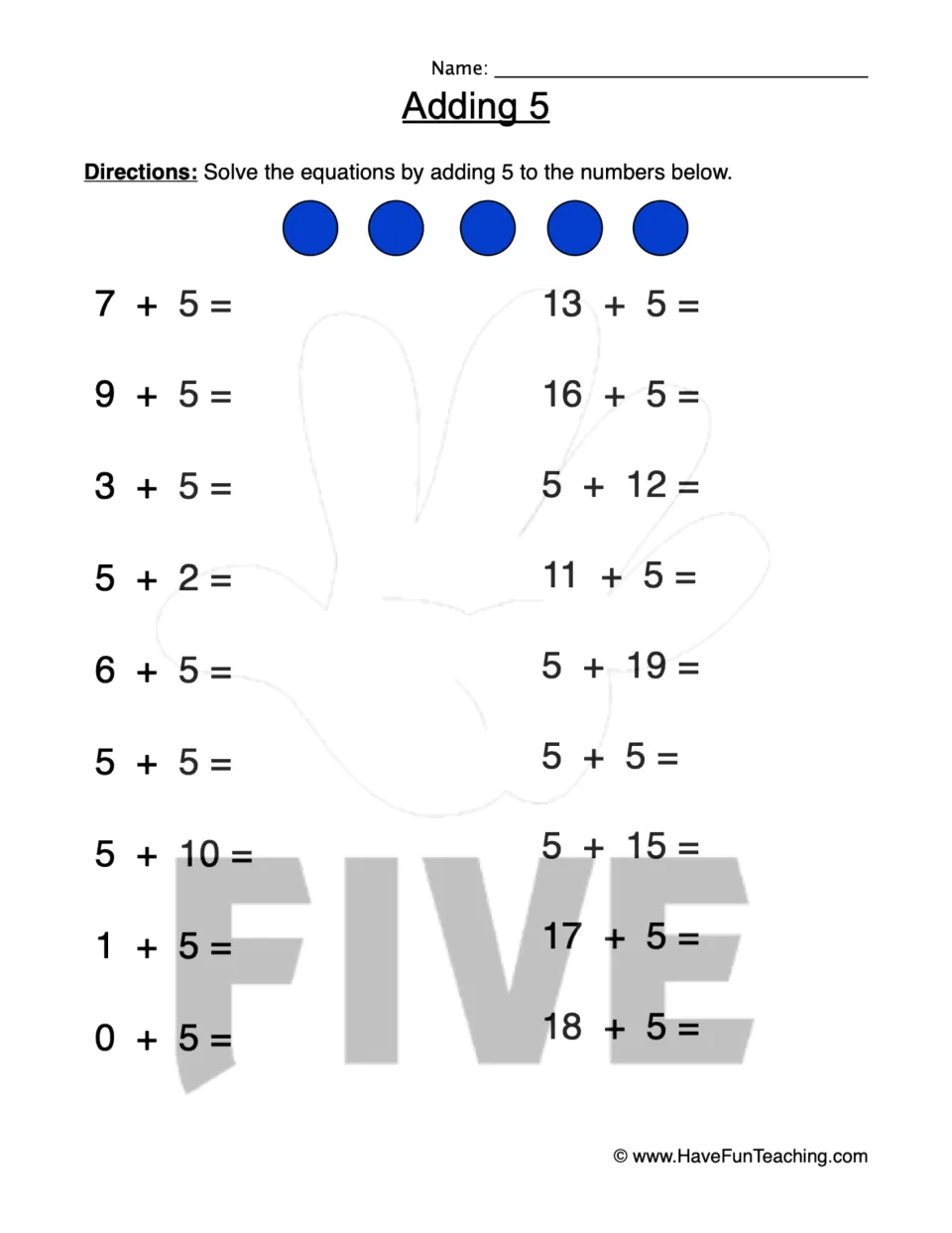 Addition practice sheet: 18 equations adding 5, including 7 + 5, 13 + 5, 5 + 12, 5 + 19, and 0 + 5.