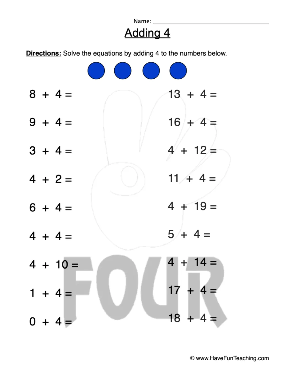 Adding 4: students solve 18 addition equations such as 8 + 4, 0 + 4 and 4 + 12, with four blue dots shown above