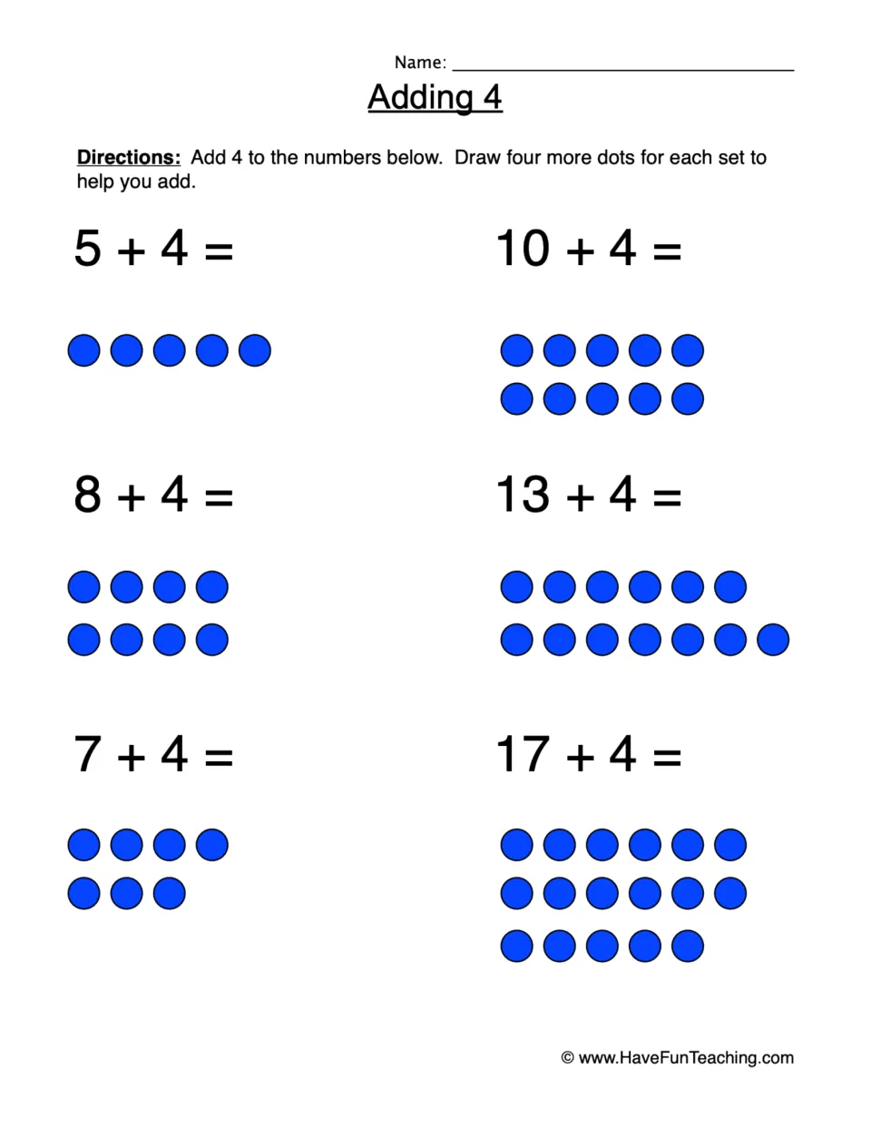 Adding 4: students draw four more dots for each set, then add 4 to 5, 10, 8, 13, 7 and 17 in six addition problems