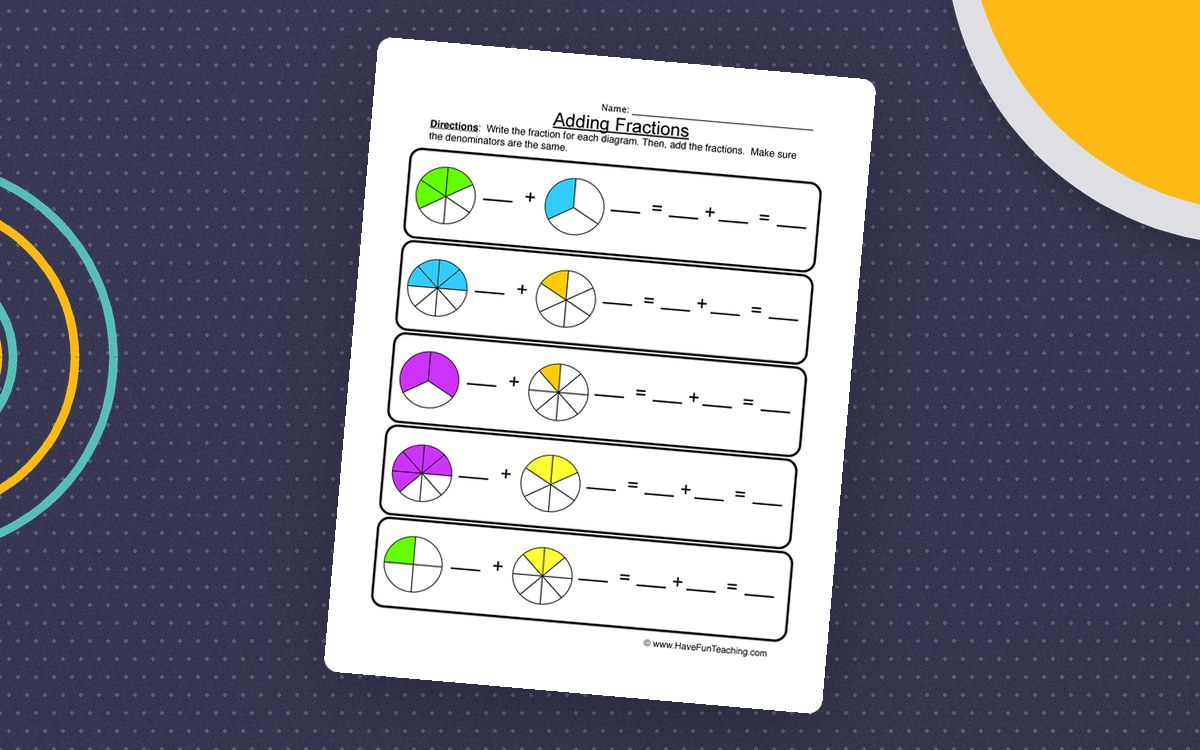 Adding Fractions with Pictures – Practice Worksheet preview: Four pairs of shaded fraction diagrams