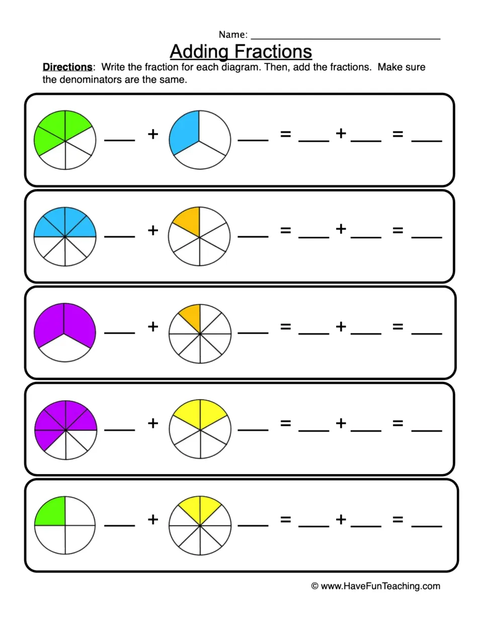 Adding fractions from shaded circles: students write each fraction, find a common denominator and add 5 pairs