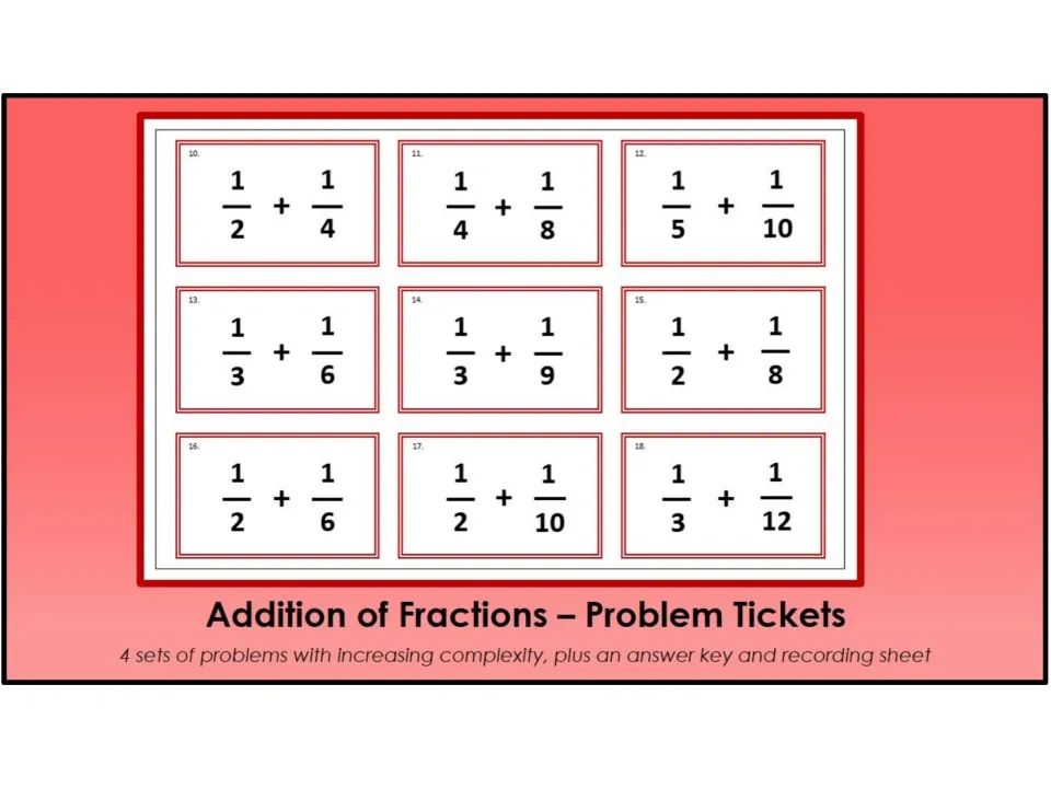 Addition of Fractions cover: sample tickets 10-18 such as 1/2 + 1/4, noting 4 problem sets, answer key and recording sheet