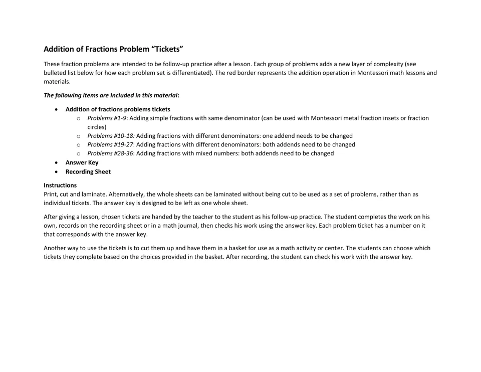 Teacher notes: the four fraction addition problem sets by difficulty, plus print, cut, laminate and basket directions