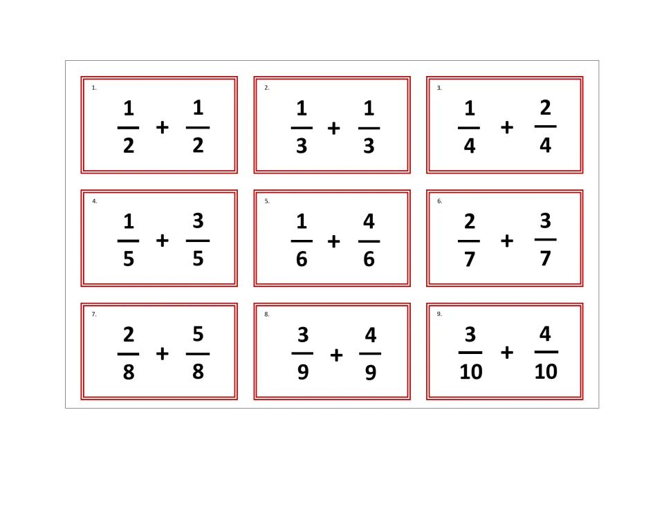 Like denominators: tickets 1-9 ask students to add fractions such as 1/2 + 1/2, 2/7 + 3/7 and 3/10 + 4/10
