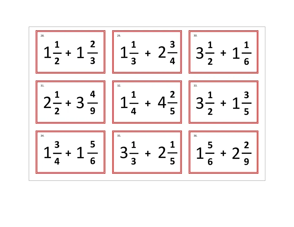 Adding mixed numbers: tickets 28-36 have students add pairs such as 1 1/2 + 1 2/3, 2 1/2 + 3 4/9 and 1 5/6 + 2 2/9